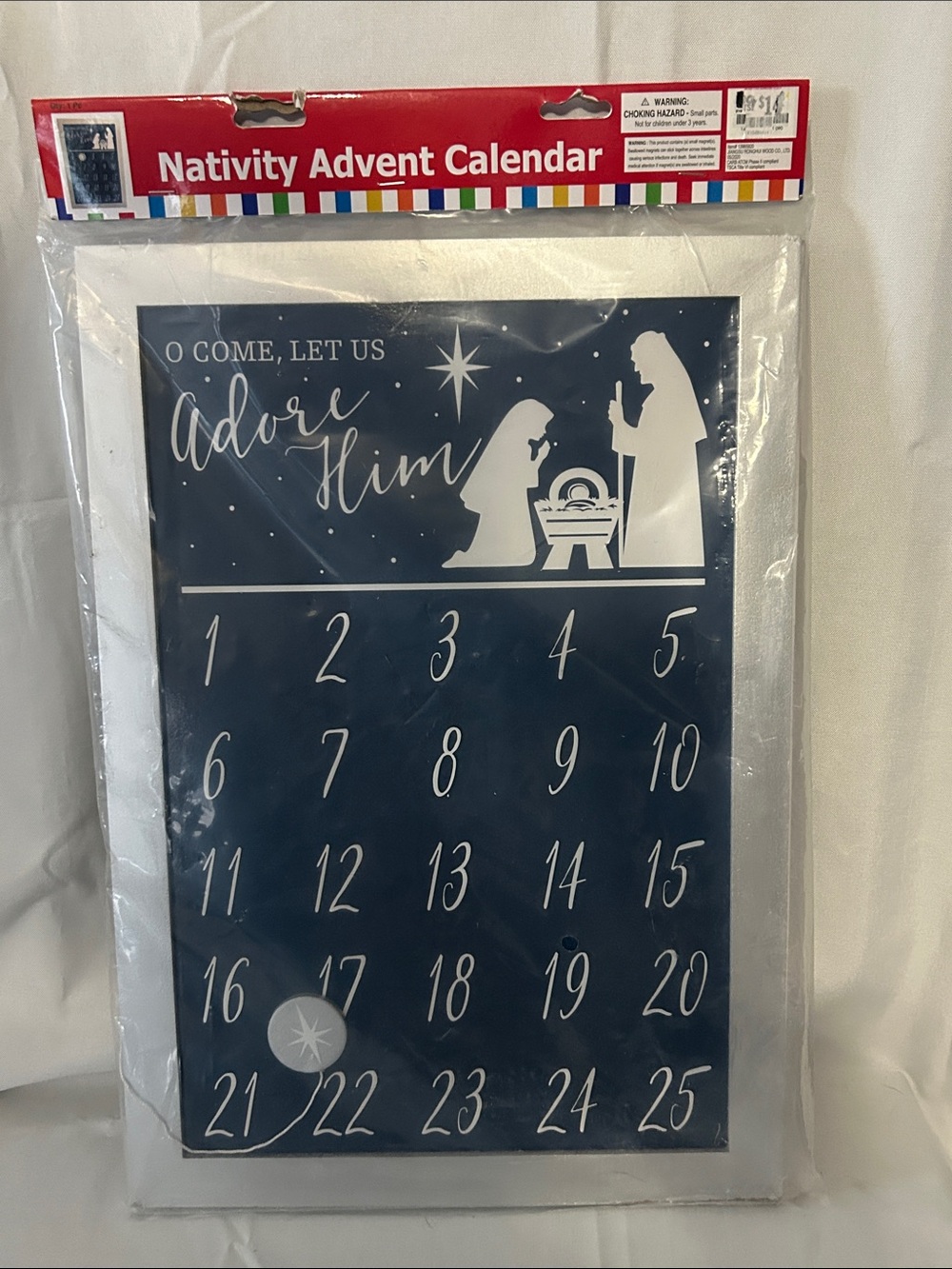 "O Come, Let Us Adore Him" Nativity Advent Calendar - Navy/Silver/White - New